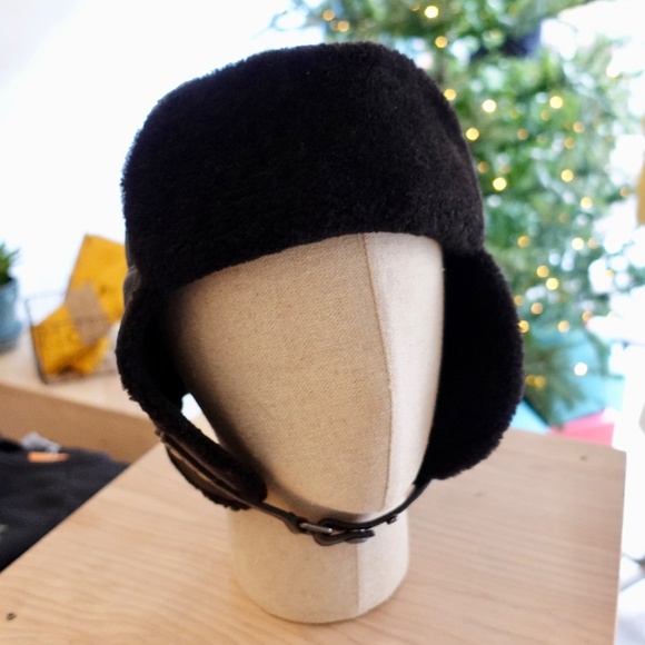 COACH Mens Aviator Motorcycle Hat MEDIUM Black Leather Shearling Vintage USA - Picture 4 of 12